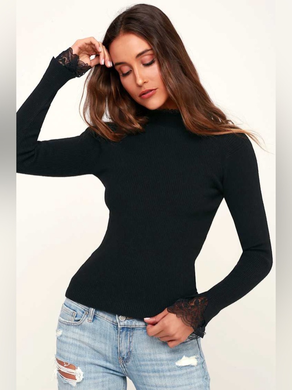 Moon River Women’s Cream Wish Come True Ribbed Lace Mock Neck Sweater, Small - Picture 2 of 6